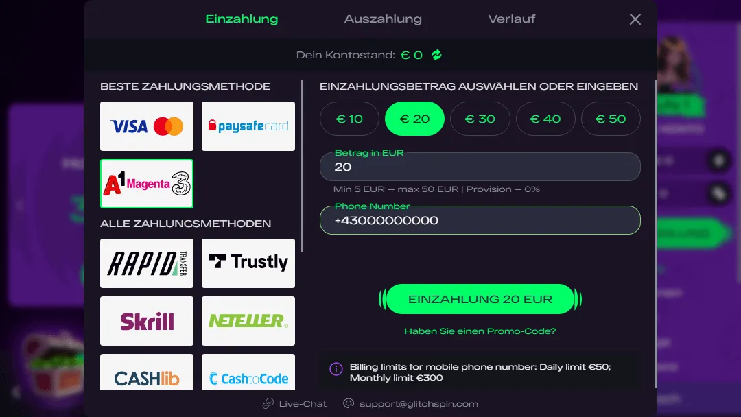 Glitchspin Casino Einzahlung mit A1, Magenta und Drei