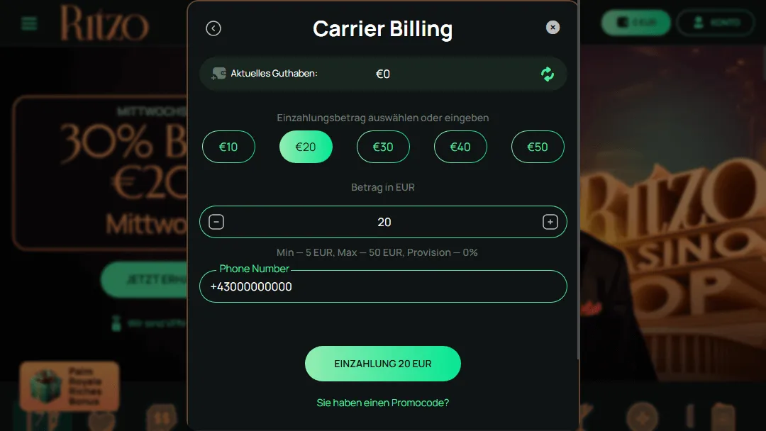 Handyzahlung im Ritzo Casino – Einzahlung 20 €